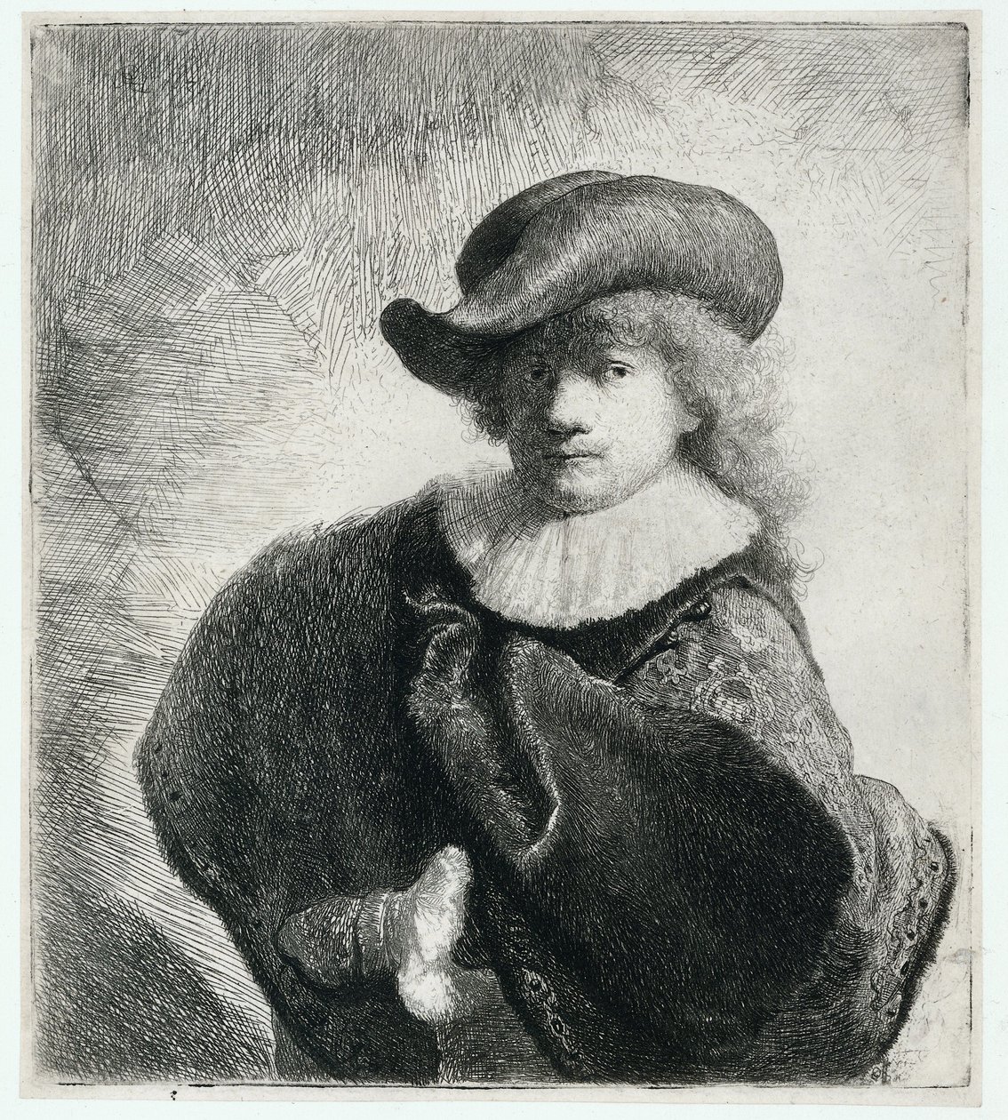 Självporträtt i en mjuk hatt och mönstrad mantel av Rembrandt Harmensz. van Rijn