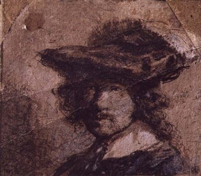 Självporträtt med plymad hatt och vit krage av Rembrandt Harmensz. van Rijn