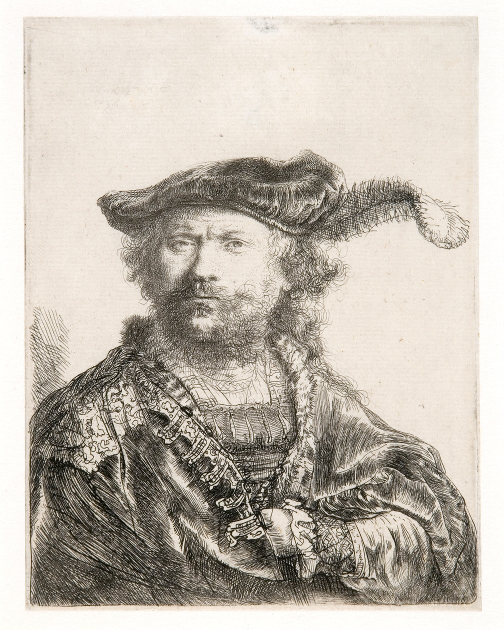 Självporträtt i sammetsmössa och plym av Rembrandt Harmensz. van Rijn
