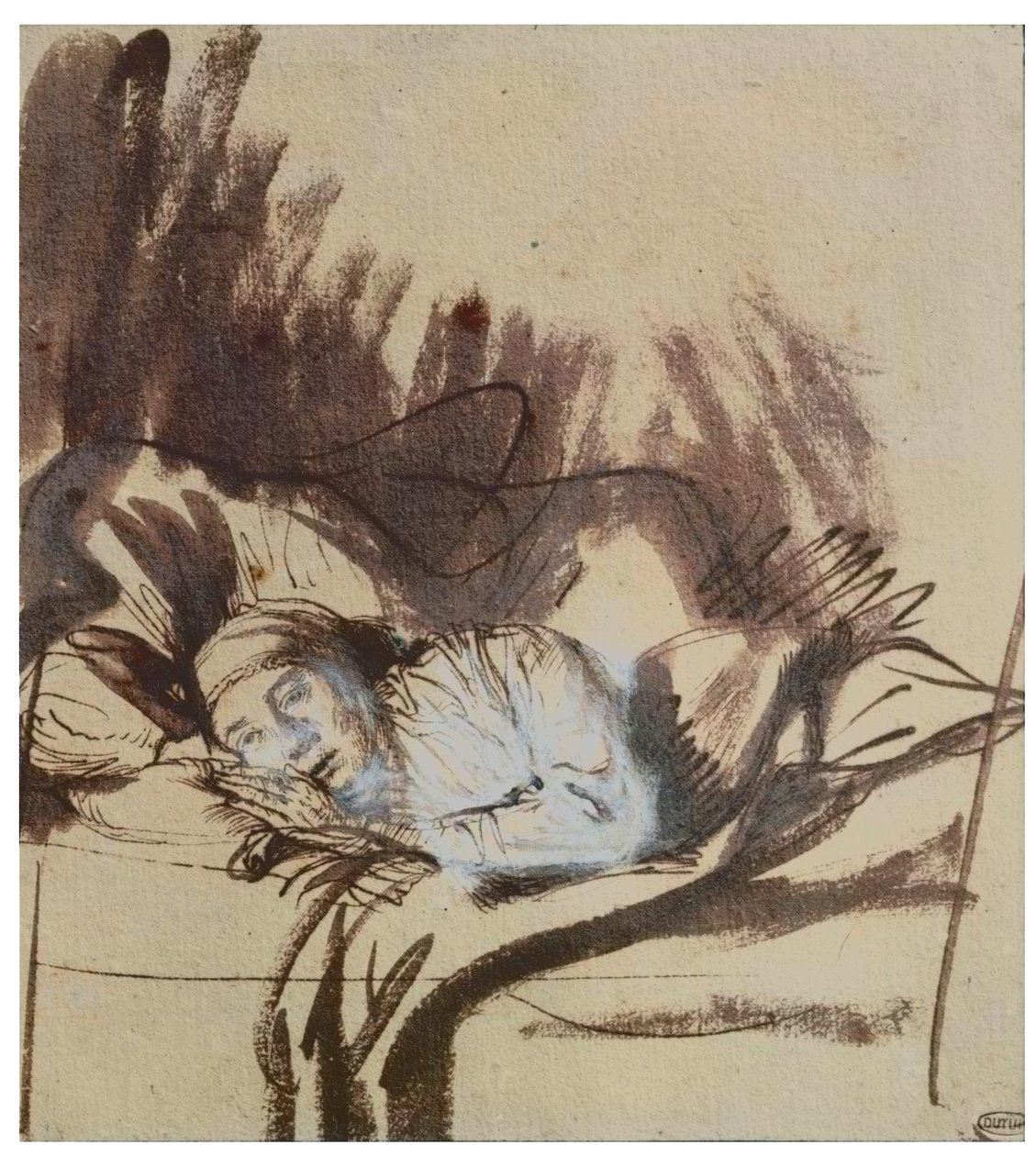 Sjuk kvinna i en säng, kanske Saskia, målarens fru av Rembrandt Harmensz. van Rijn