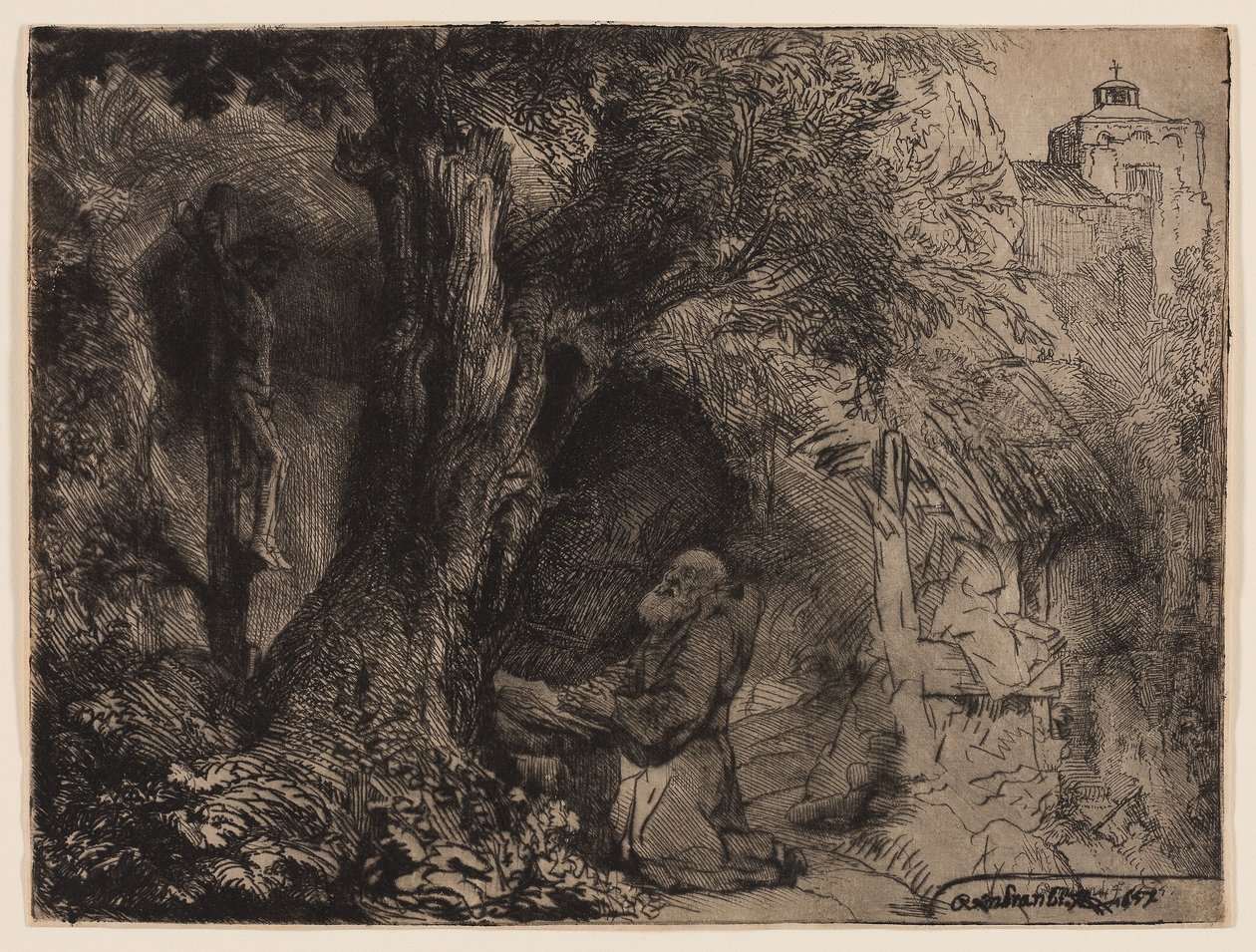 St Francis under ett träd ber av Rembrandt Harmensz. van Rijn