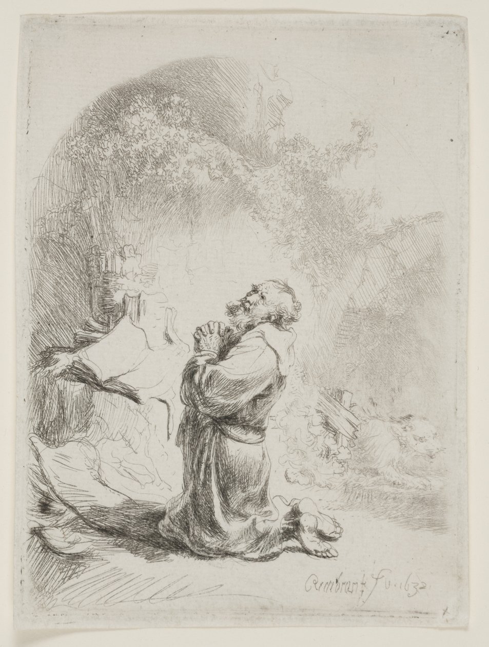 St. Hieronymus ber: välvt tryck av Rembrandt van Rijn