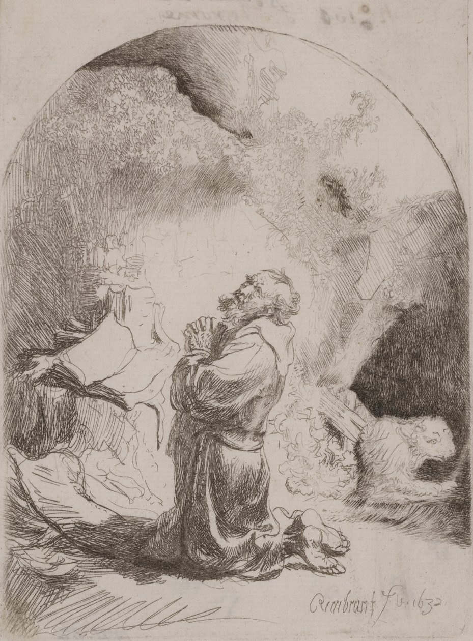 St. Hieronymus ber: välvt tryck av Rembrandt van Rijn