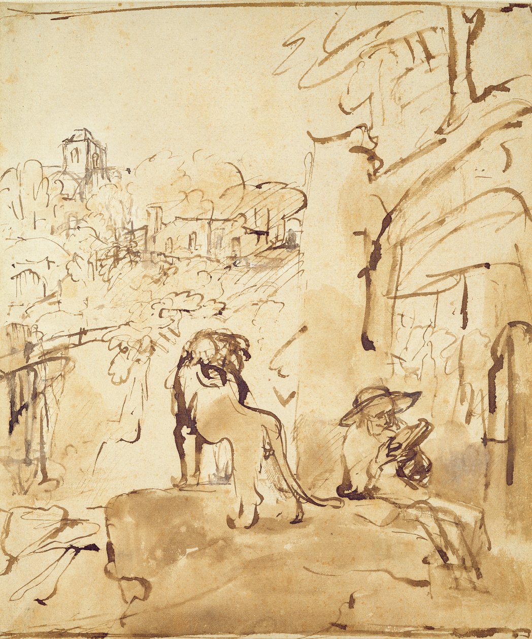 S:t Hieronymus läser i ett landskap (penna och tvätt på papper) av Rembrandt van Rijn