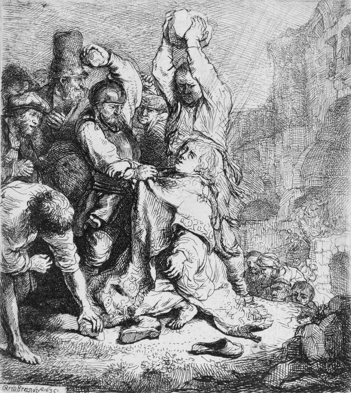 Stening av St. Stephen (penna och bläck på papper) av Rembrandt van Rijn
