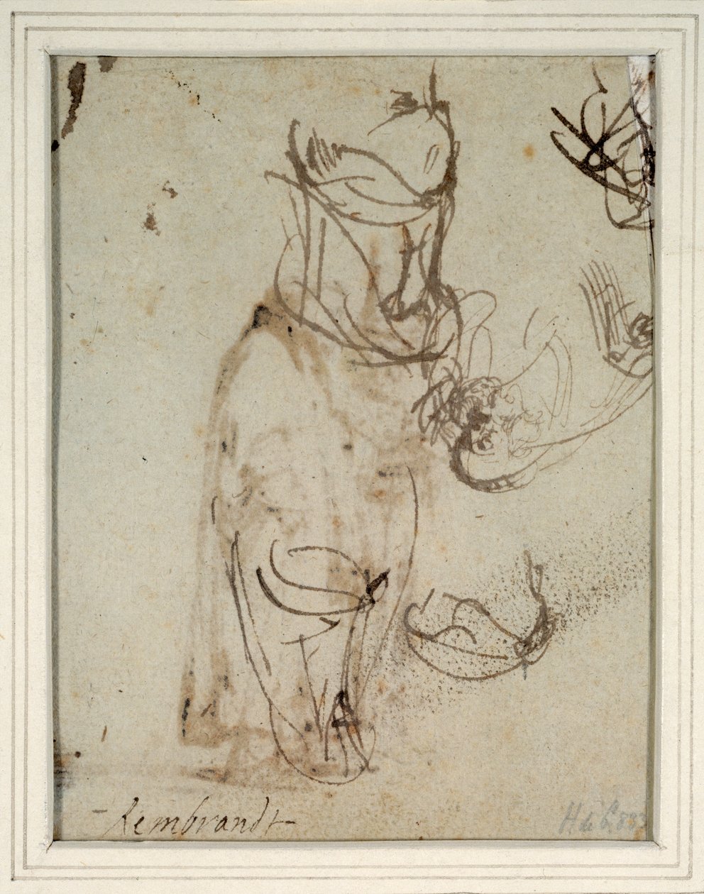 Studier av en hög huvudbonad; och ett huvud omvänt från recto (penna och bläck på papper) (baksidan av 2636119) av Rembrandt Harmensz. van Rijn