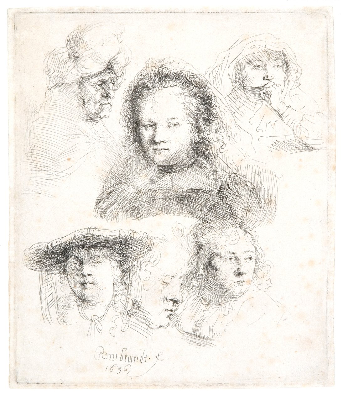 Studier av Saskias och andras huvud av Rembrandt Harmensz. van Rijn