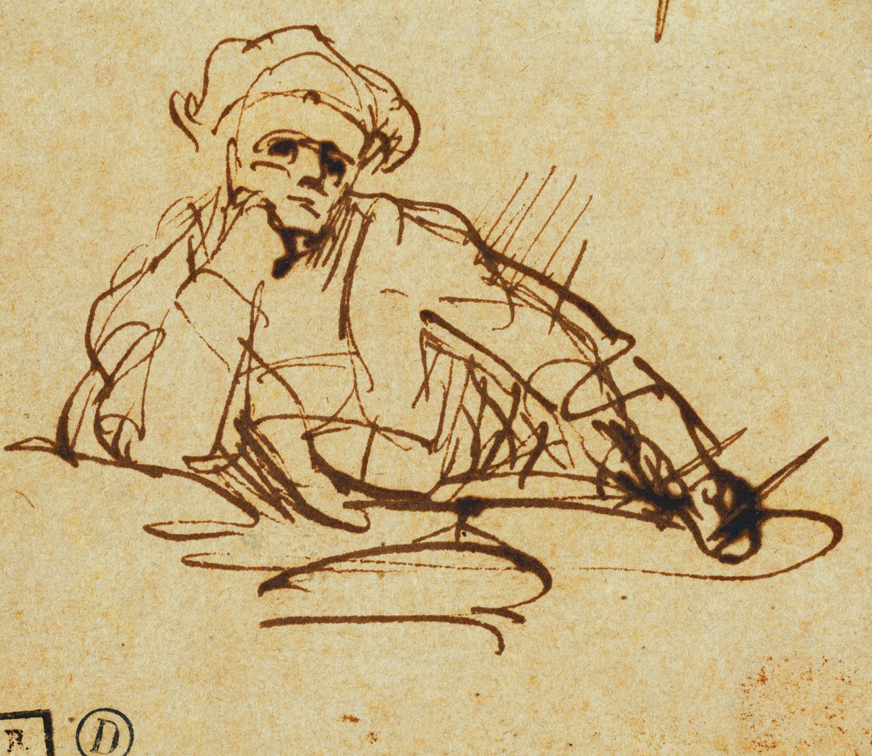 Studie av en författare, sittande, pausande i tanken, av Rembrandt van Rijn