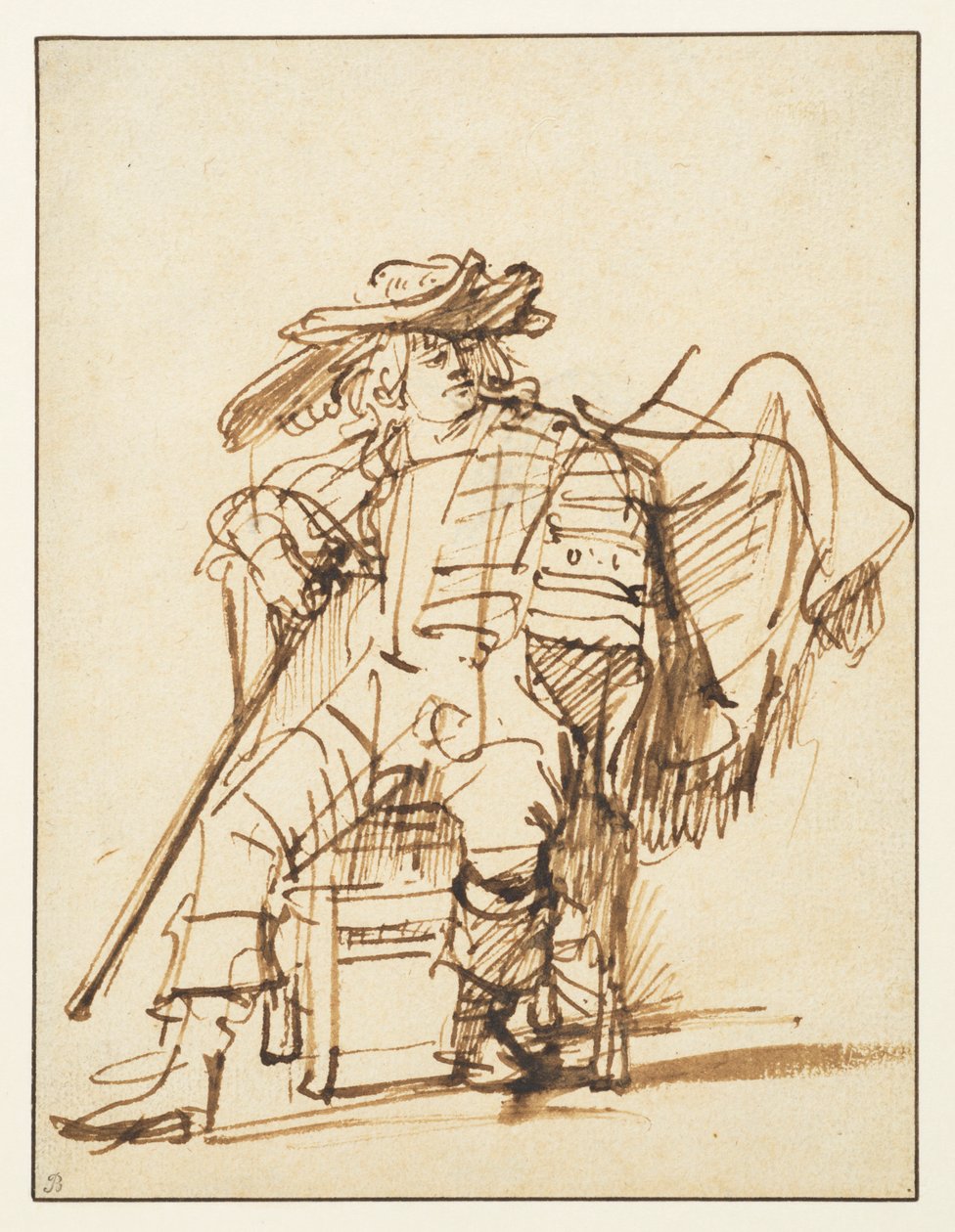 Studie av en sittande skådespelare i en plymerad hatt - Capitano från Commedia dell"Arte, recto, 1636-c.1638 av Rembrandt van Rijn