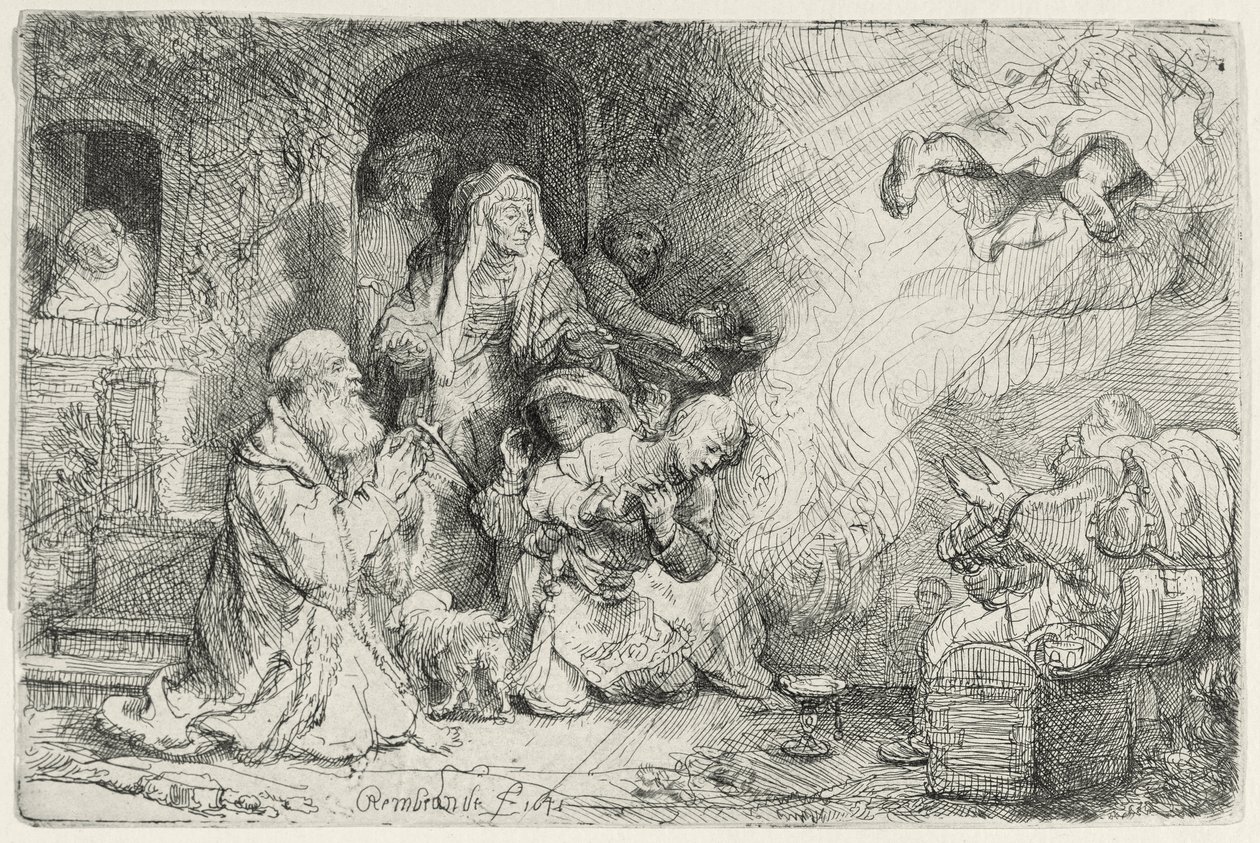Ängeln som avgår från Tobias familj (penna och bläck på papper) av Rembrandt van Rijn