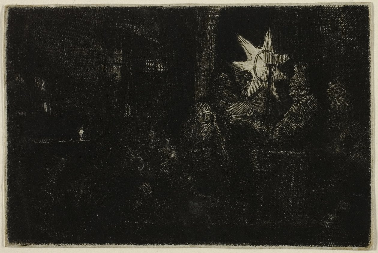 The Star of the Kings: A Night Piece, ca 1651 (etsning, torrnål och gravyr på elfenbenspåverkat papper) av Rembrandt Harmensz. van Rijn