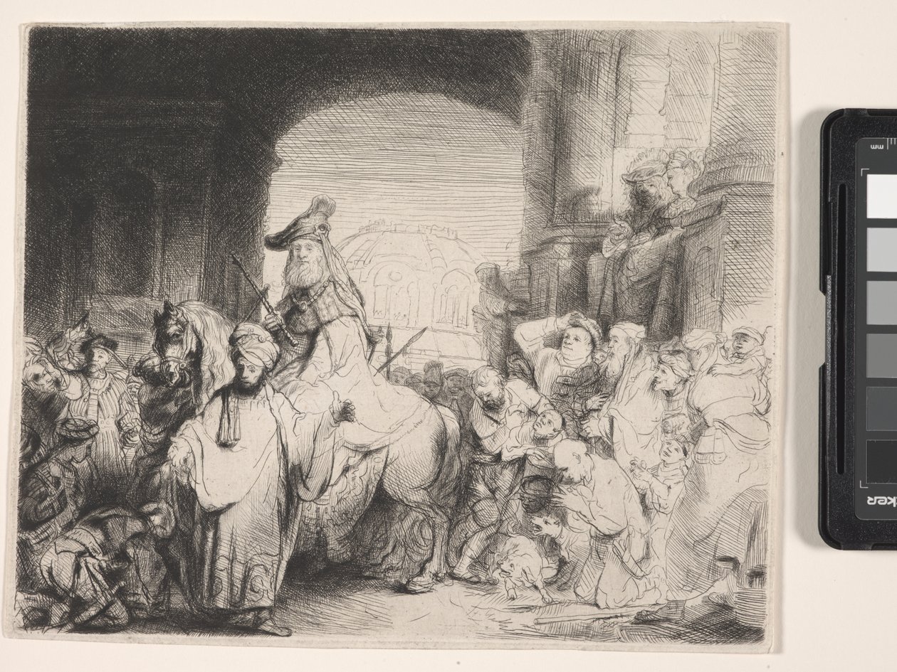 The Triumph of Mordecai (etsning och torrnål) av Rembrandt Harmensz. van Rijn