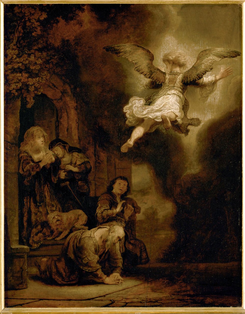 Ärkeängeln Raphael lämnar Tobits familj... av Rembrandt Harmensz. van Rijn