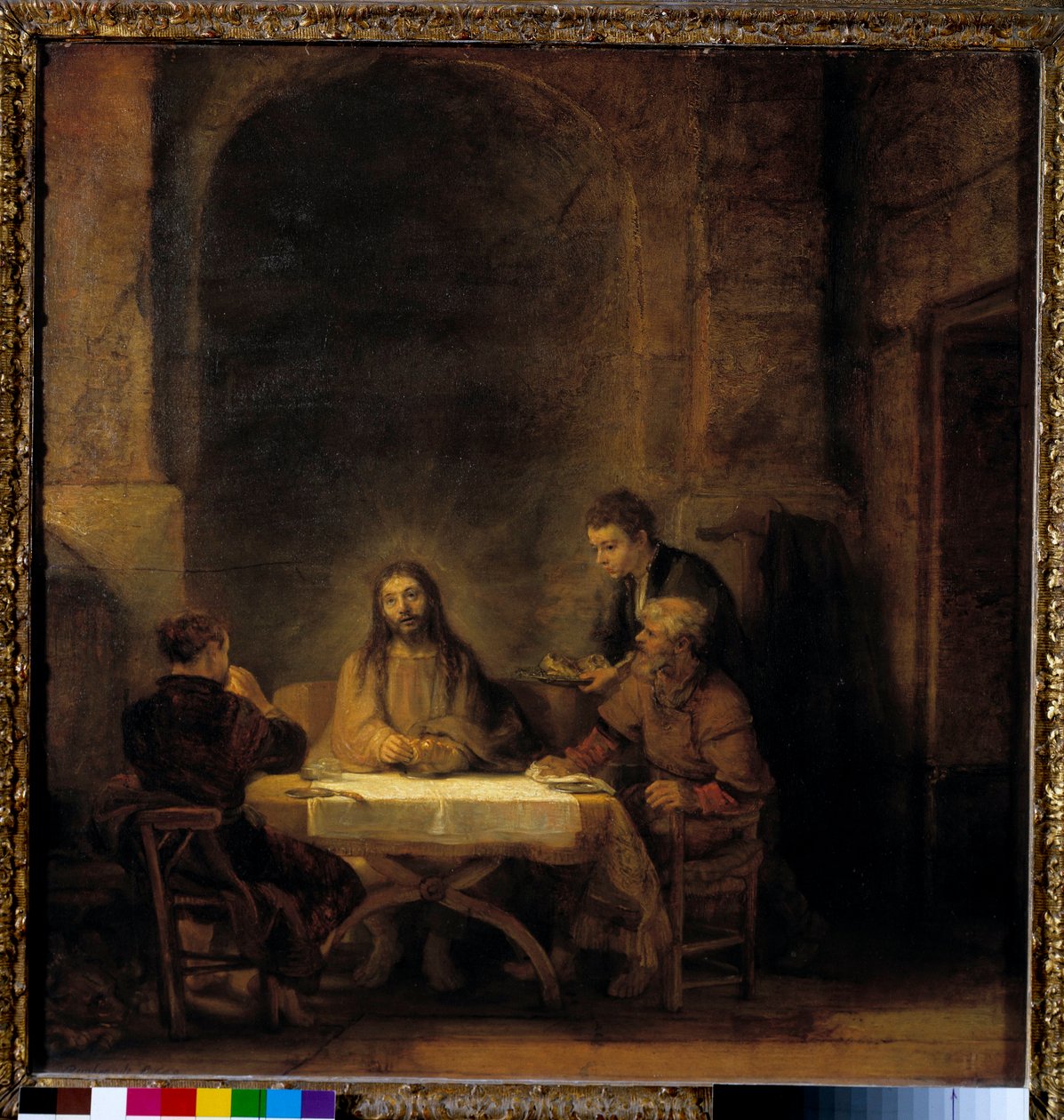 Emmaus Kristi pilgrimer visar sig för pilgrimerna som sitter vid ett bord på ett värdshus i Emmaus. Målning av Harmensz van Rijn dit Rembrandt (1606-1669) 1648 Sön. 0,68x0,65 m - Pilgrimer i Emmaus även kallad nattvarden i Emmaus. Kristus visar sig för pil av Rembrandt van Rijn