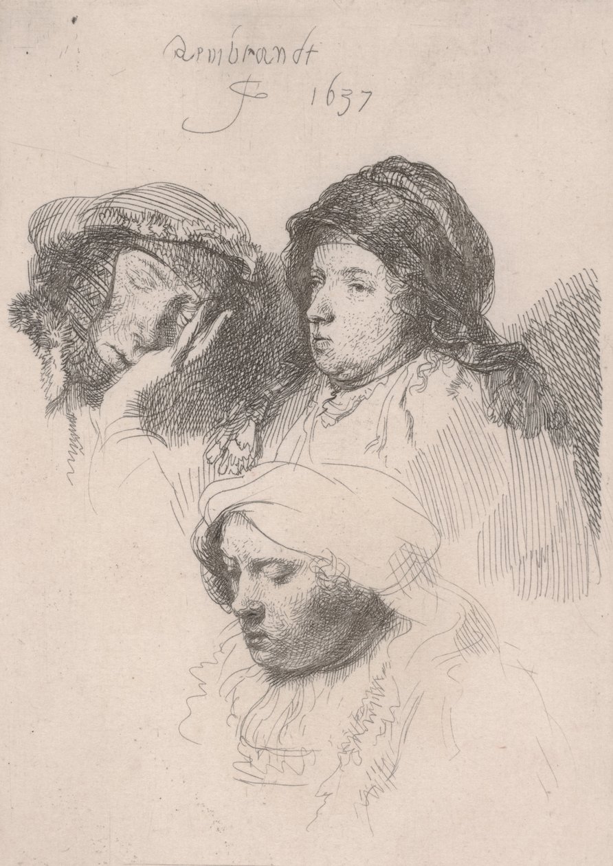 Tre huvuden av kvinnor, en sover av Rembrandt van Rijn