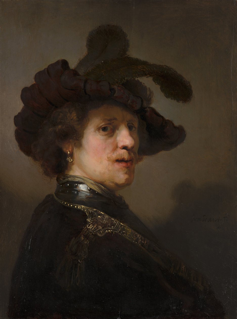 Tronie of a Man with a Feathered Baser, c.1635-40 (olja på panel) av Rembrandt van Rijn