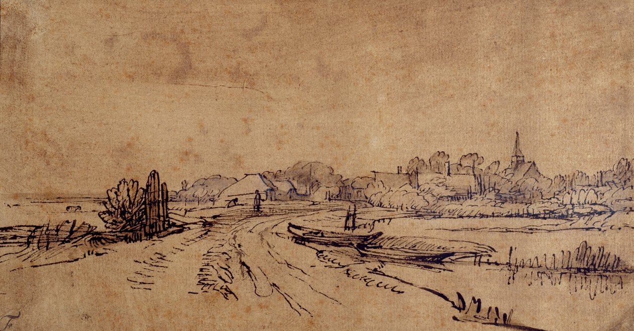 Vy över Sloten, ca 1650 (penna och bläck med brun tvätt på papper) av Rembrandt Harmensz. van Rijn