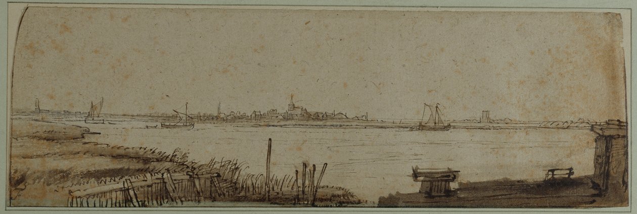 Utsikt över floden IJ från Diemerdijk, ca 1650 (penna och bläck med brun tvätt och vit kroppsfärg på papper) av Rembrandt Harmensz. van Rijn