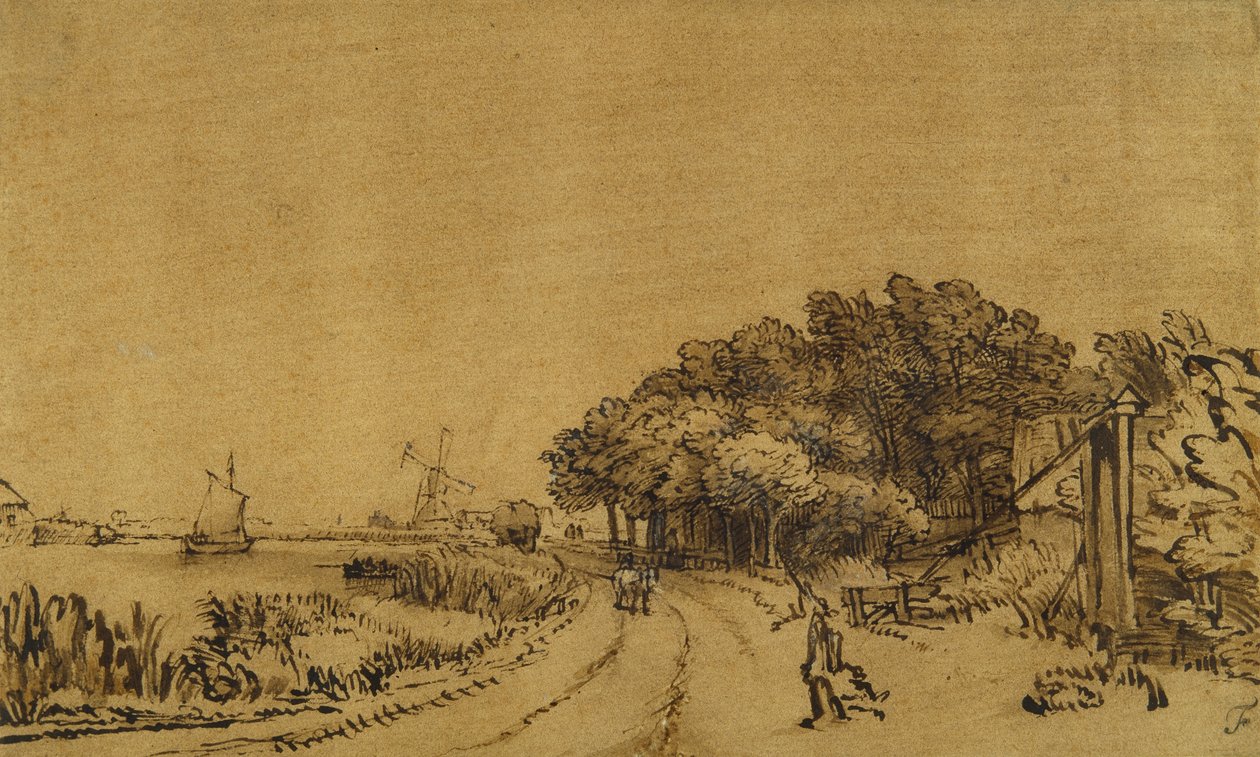 Utsikt över Amstel: vägen på Amsteldijk som leder till Trompenburg, ca 1649-50 (penna & bläck med brun tvätt & vit kroppsfärg på papper) av Rembrandt Harmensz. van Rijn