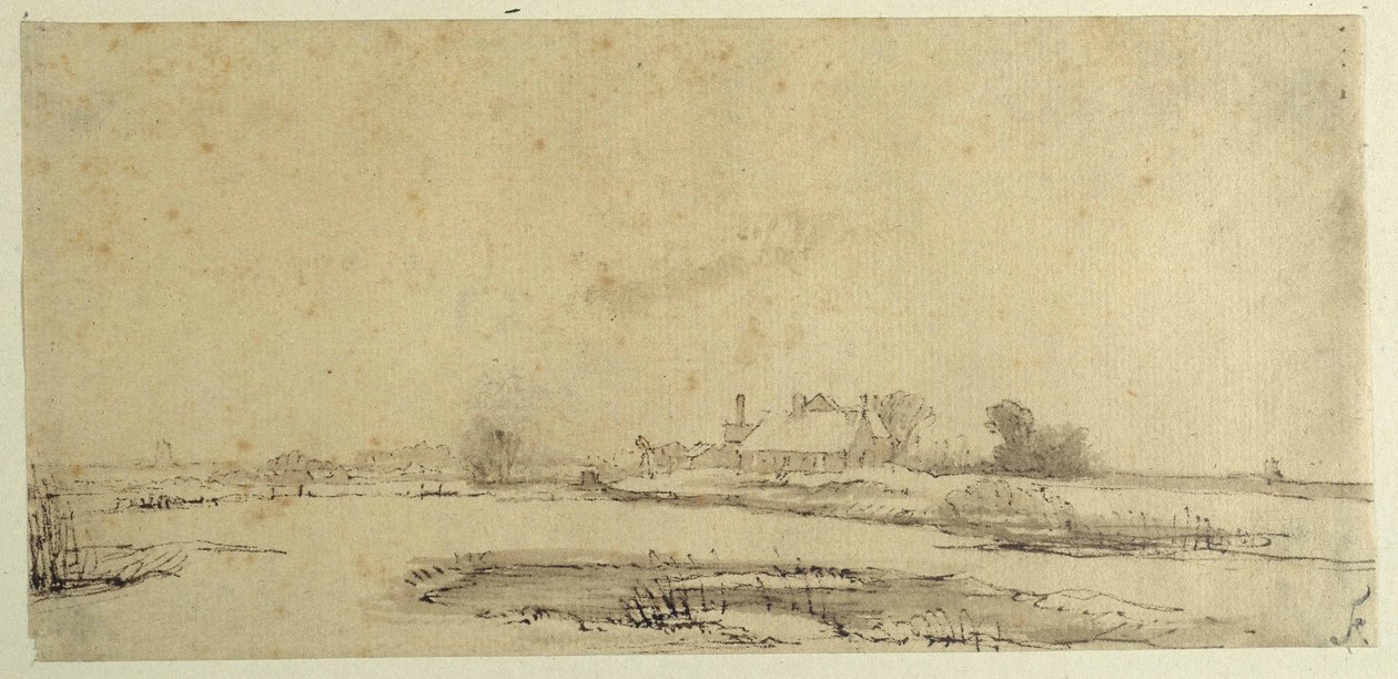 Vatten, ängar och en bondgård (penna och bläck på papper) av Rembrandt Harmensz. van Rijn