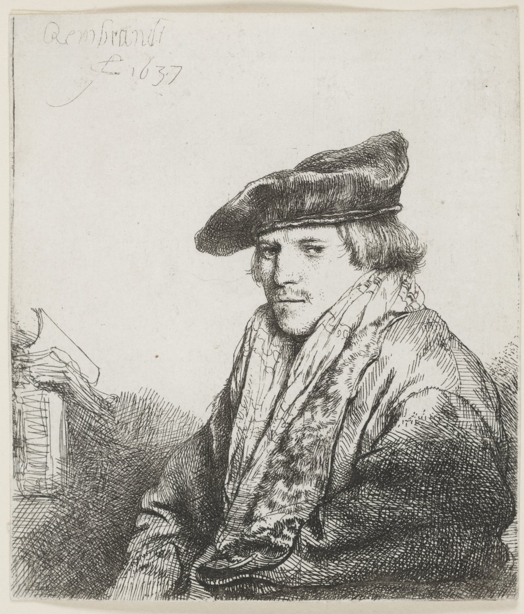 Ung man i sammetsmössa med böcker bredvid honom av Rembrandt van Rijn