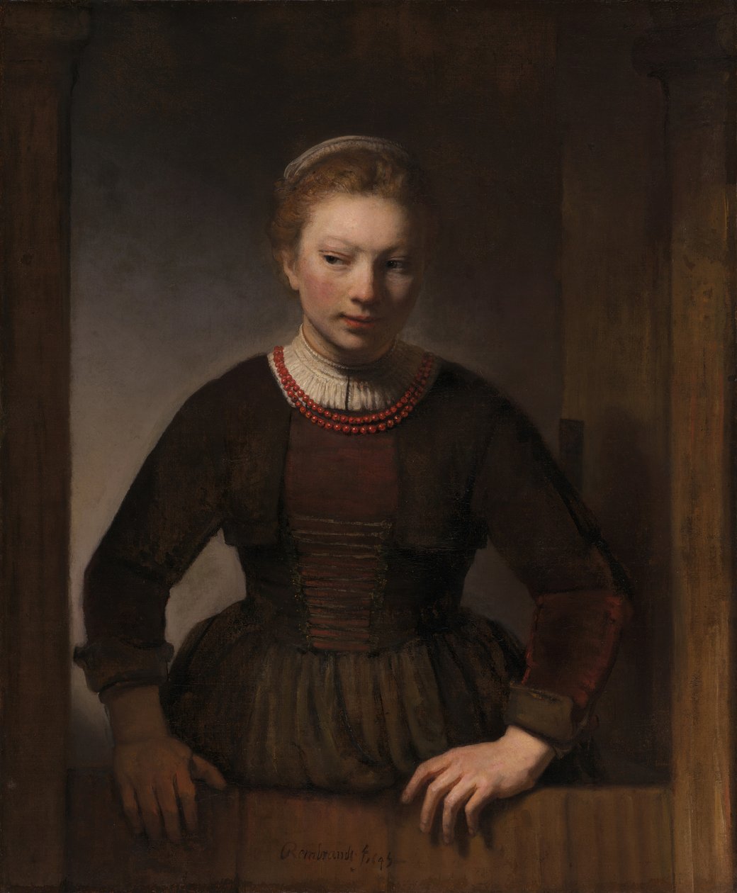 Ung kvinna vid en öppen halvdörr, 1645 av Rembrandt Harmensz van Rijn