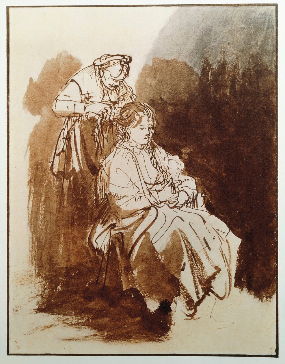 Ung kvinna på hennes toalett. En gammal pigas hår. (Bläckteckning, ca 1635) av Rembrandt van Rijn