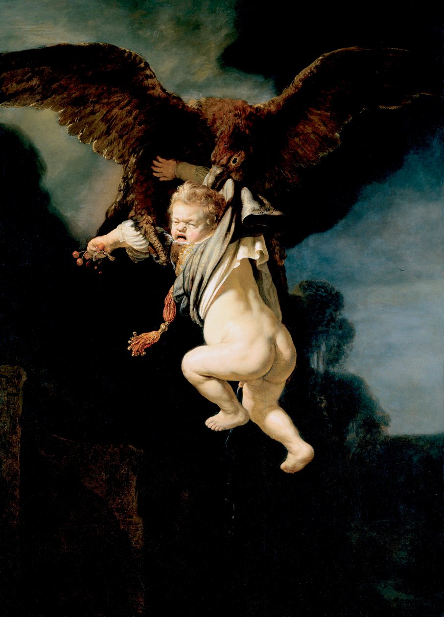 ""bortförandet av Ganymede"" (bortförandet av Ganymedes) Medan han betar sin flock på berget Ida av Troas, förvandlar Zeus sig till en örn, kidnappar honom för att göra honom till sin älskare och gudarnas munskåp Målning av Rembrandt van Rhijn (1606-1669)  av Rembrandt van Rijn