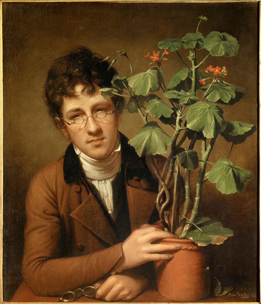 Porträtt av målaren Rubens Peale (1784-1864) vid pelargonen Målning av Rembrandt Peale (1778-1860) (ec.amer.) 1801 Collection privee - Porträtt av målaren Rubens Peale (1784-1864) med en pelargon - Målning av Rembrandt Peale (1778-1860), olja på av Rembrandt Peale