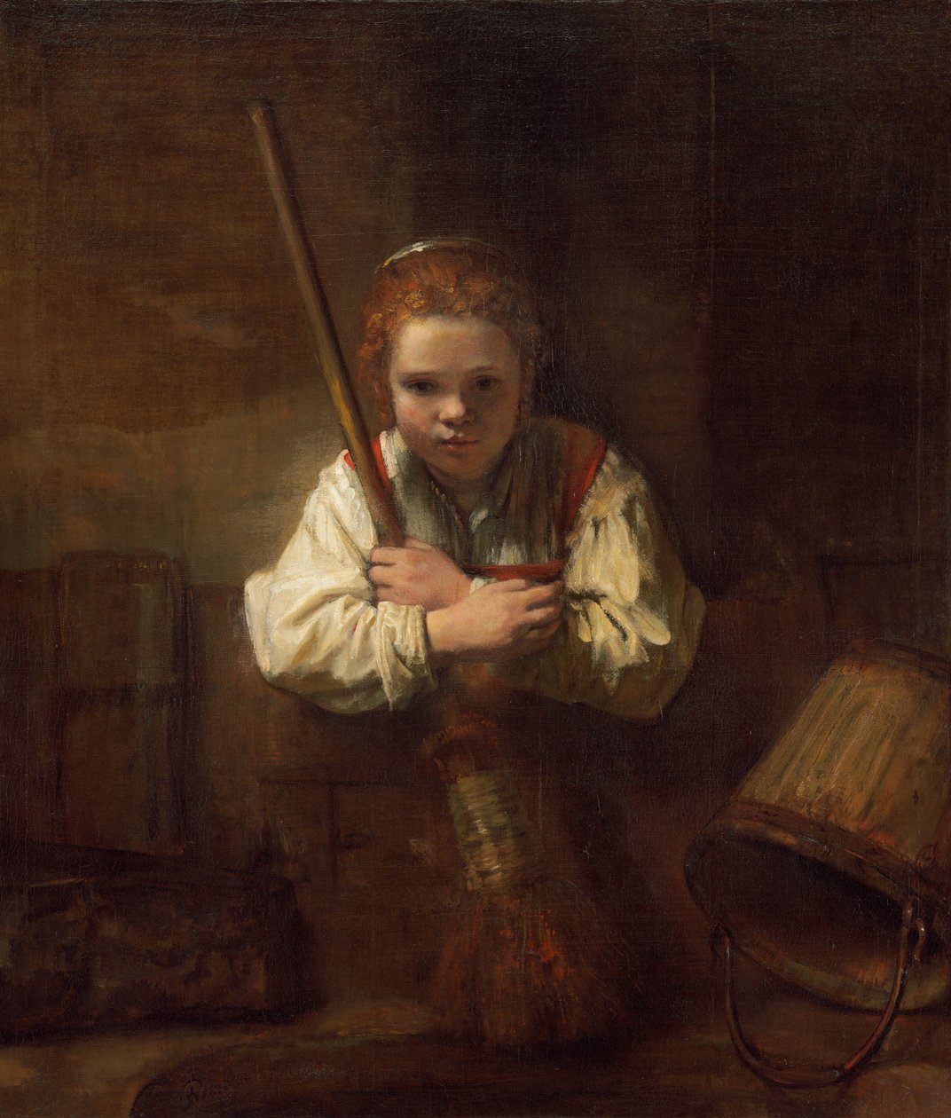 En flicka med en kvast, troligen påbörjad 16461648 och avslutad 1651 av Rembrandt Workshop