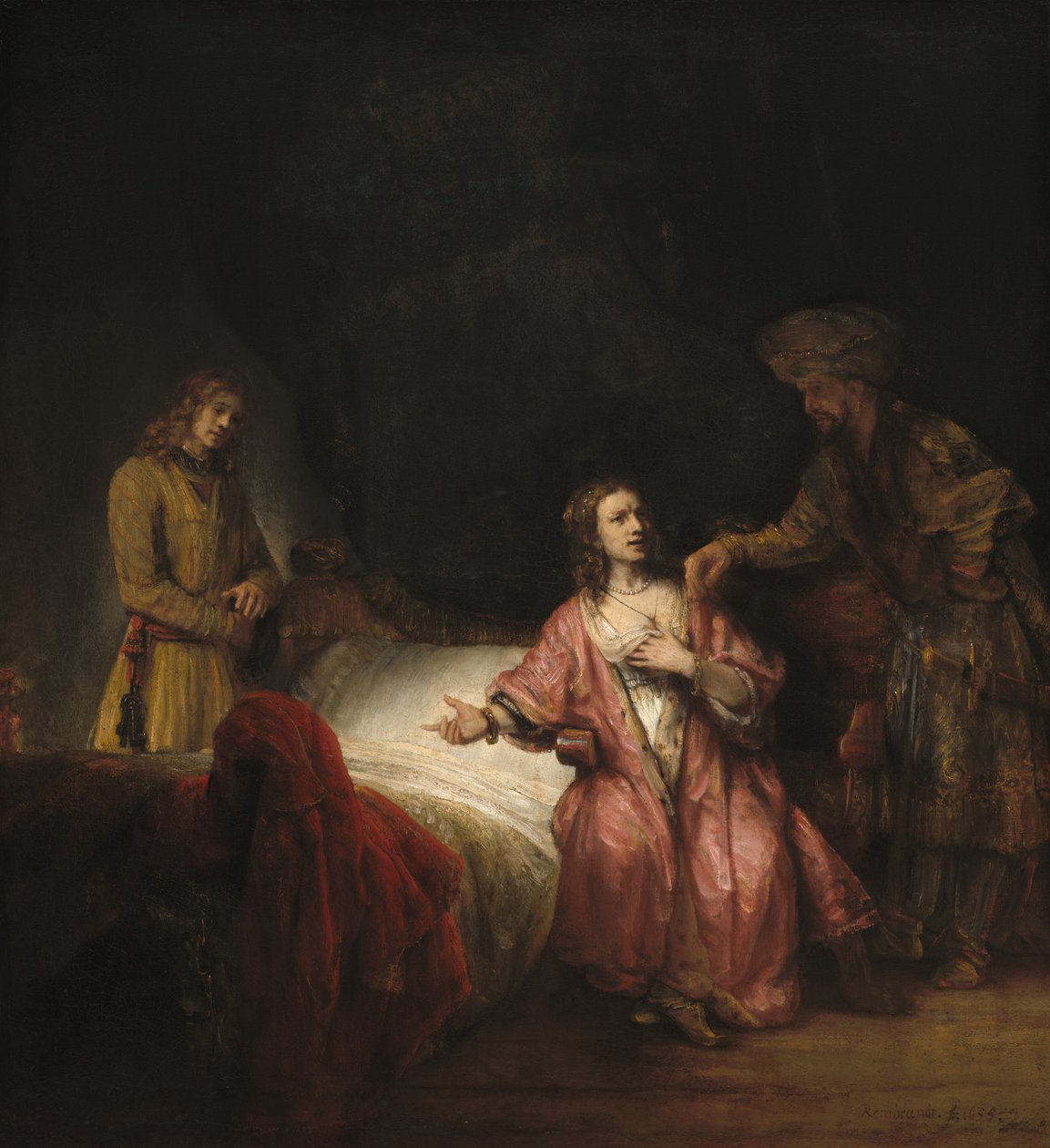 Joseph anklagade av Potifars hustru, 1655. av Rembrandt Workshop