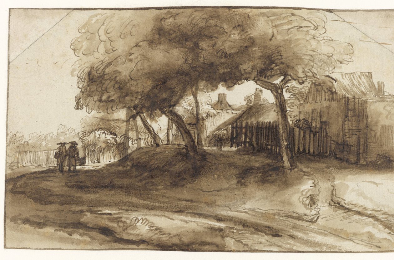 Hus och träd på en vall av Rembrandt van Rijn (school of)