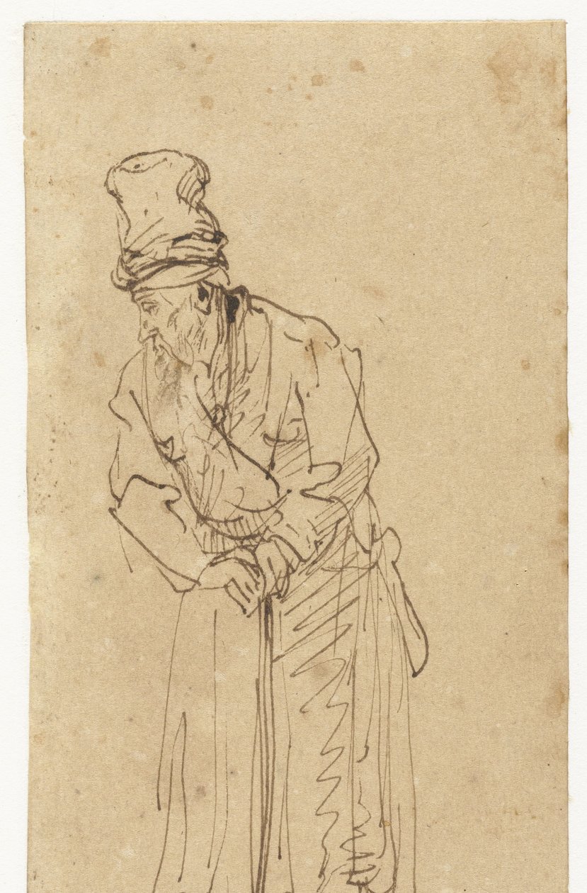 Gammal man lutad på en pinne av Rembrandt van Rijn (school of)