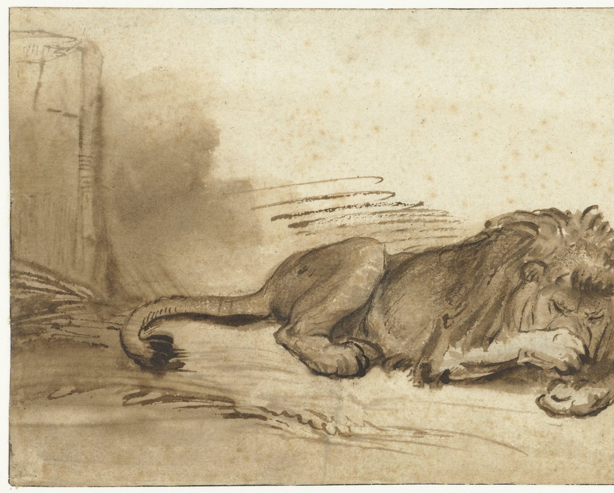 Lutande lejon med framtassen över nospartiet av Rembrandt van Rijn (school of)