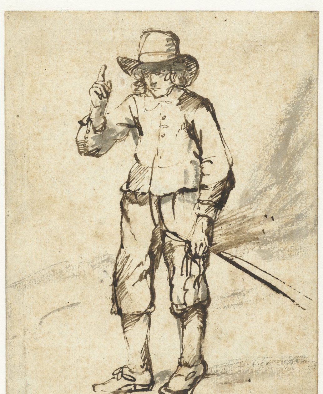 Stående pojke som håller en piska och höjer sin högra hand av Rembrandt van Rijn (school of)