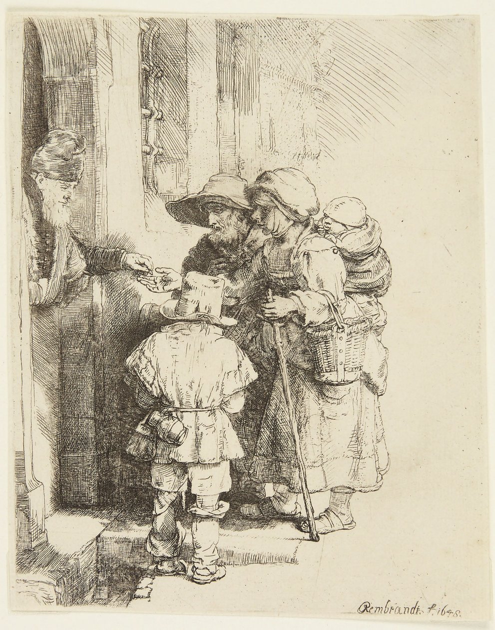 En blind vevlirare och hans familj tar emot allmosor av Rembrandt van Rijn