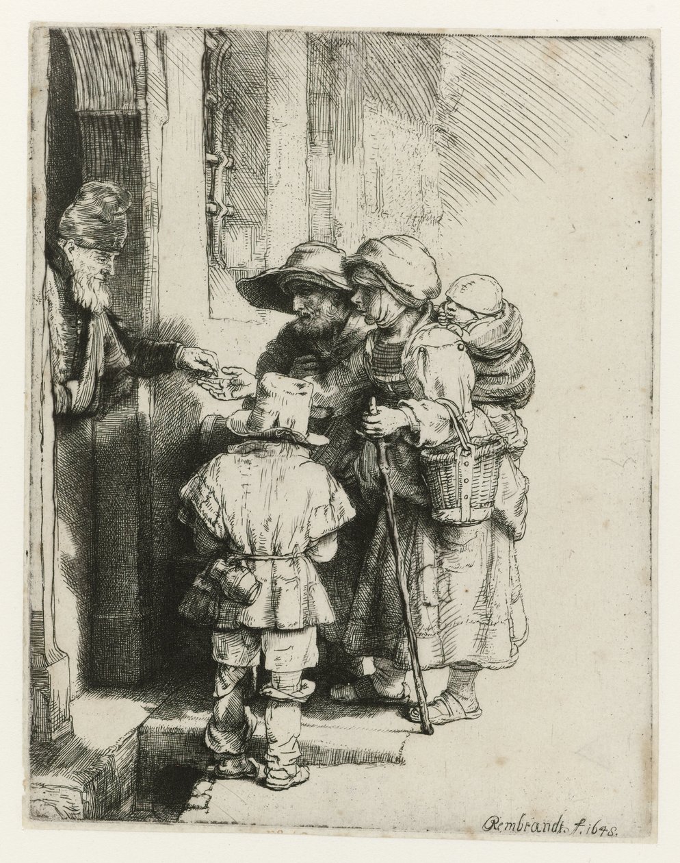 En blind gurdy-spelare och hans familj En blind gurdy-spelare och familj som får allmosor av Rembrandt van Rijn