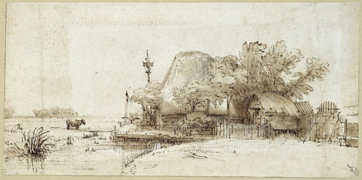 En bondgård vid en bäck av Rembrandt van Rijn