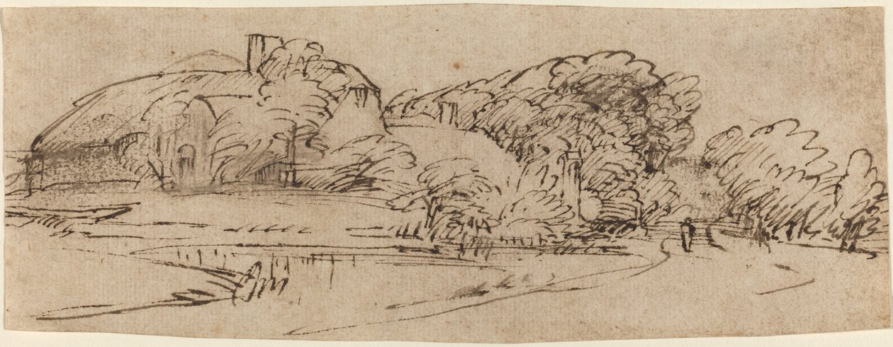 Ett landskap med gårdsbyggnader bland träd av Rembrandt van Rijn