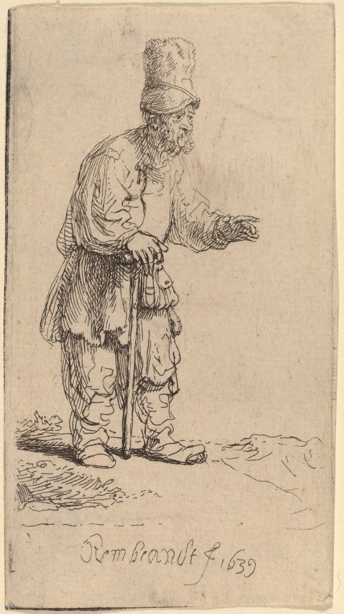 En bonde i hög mössa, stående lutad på en pinne av Rembrandt van Rijn