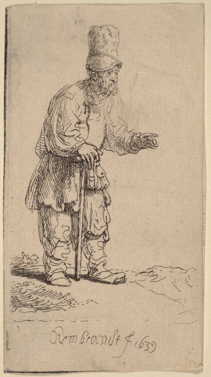 En bonde med hög mössa, stående och lutad mot en käpp av Rembrandt van Rijn