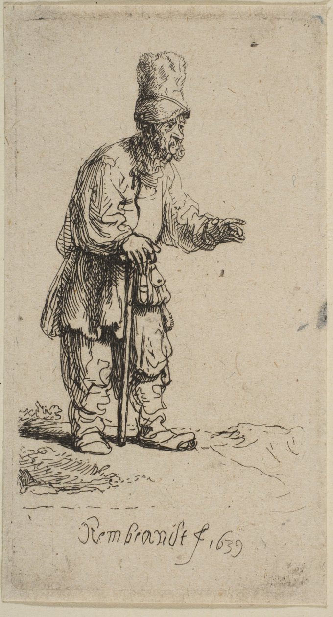 En bonde med hög mössa, stående lutad på en pinne, 1639. av Rembrandt van Rijn