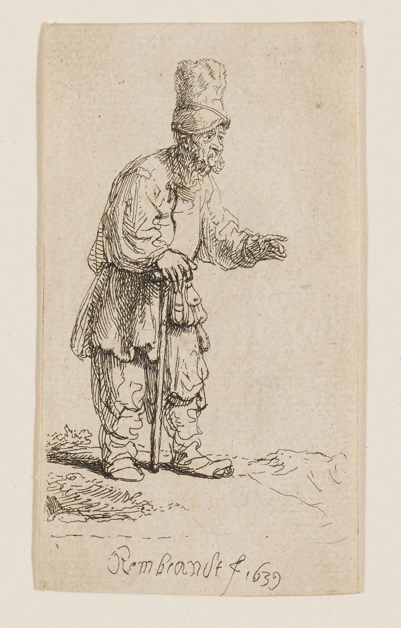 En bonde i hög mössa, stående och lutad mot en käpp av Rembrandt van Rijn