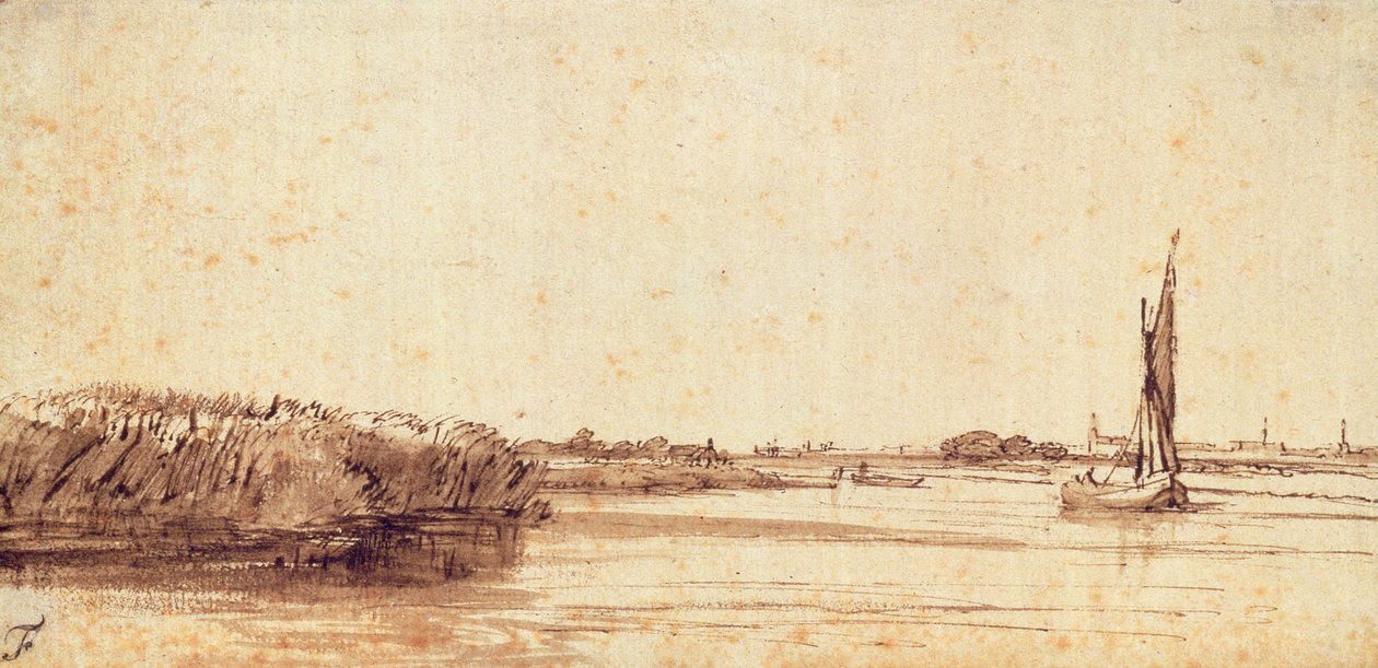 En flod med en segelbåt på Nieuwe Meer av Rembrandt van Rijn