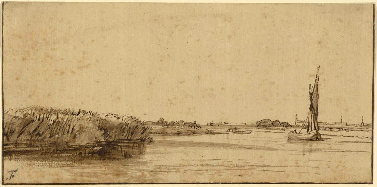 A Sailing Boat on a Wide Expanse of Water, c.1650 (penna och brunt bläck och brunt tvätt, på tonat papper) av Rembrandt van Rijn