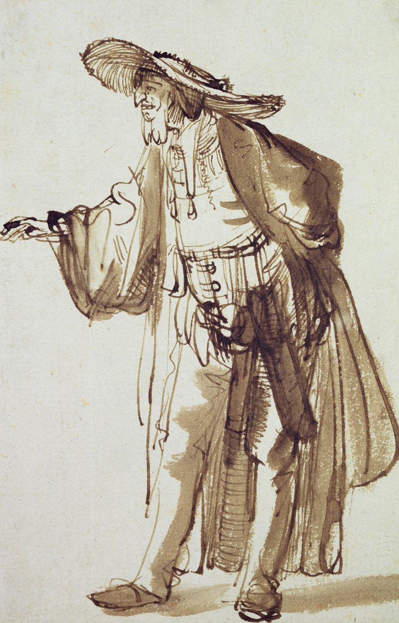 Skådespelare med bredbrättad hatt (penna och bläcktvätt på papper) av Rembrandt van Rijn