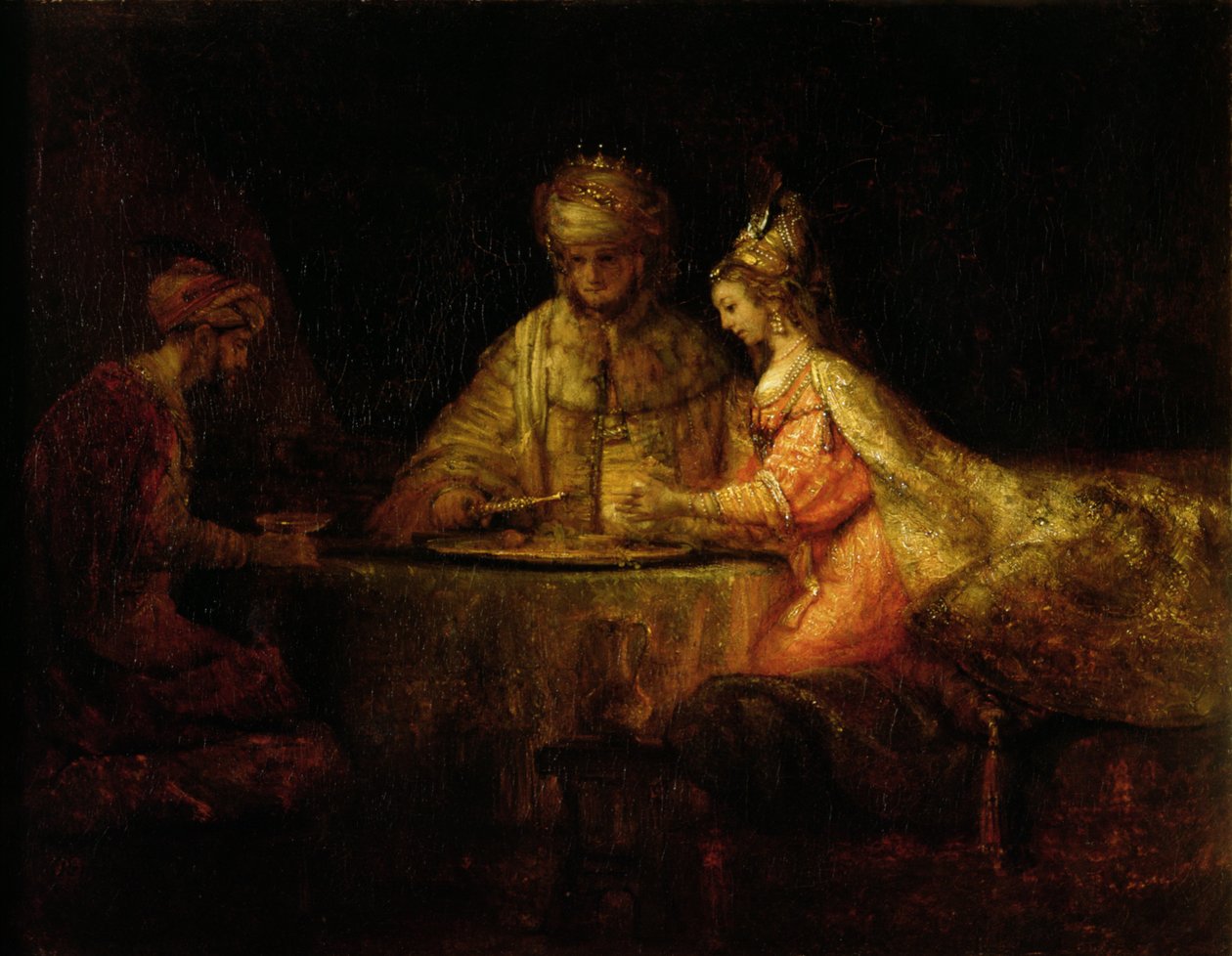 Ahasverus (Xerxes), Haman och Ester, ca 1660 av Rembrandt van Rijn
