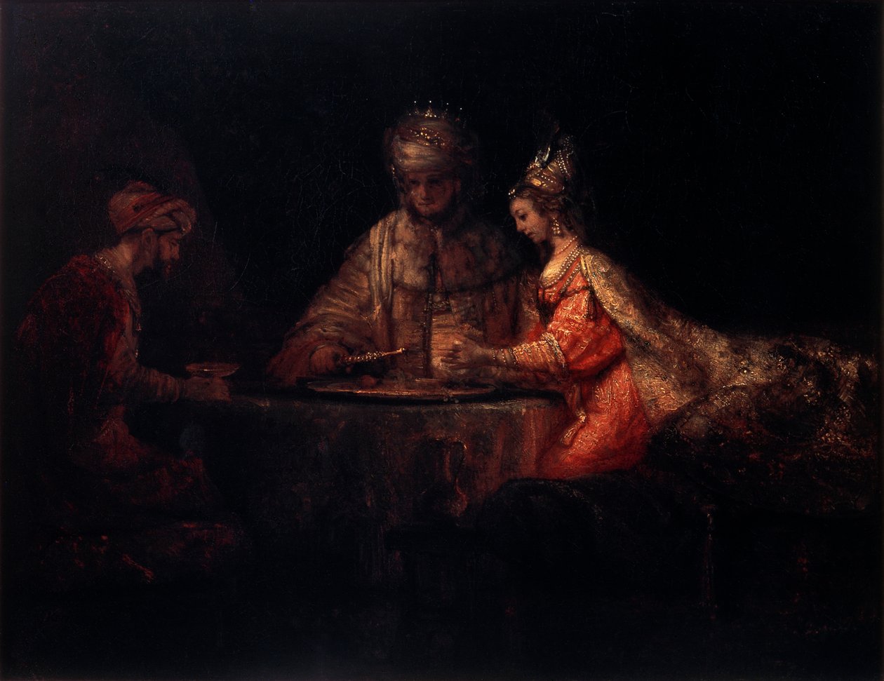 Ahasveros, Haman och Ester, 1660. av Rembrandt van Rijn
