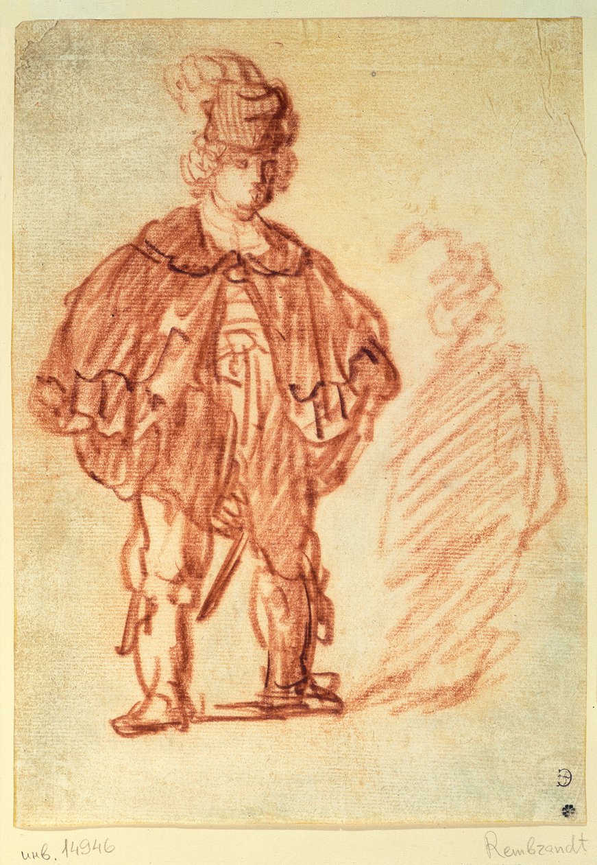 En skådespelare som står (sangvinsk) av Rembrandt van Rijn