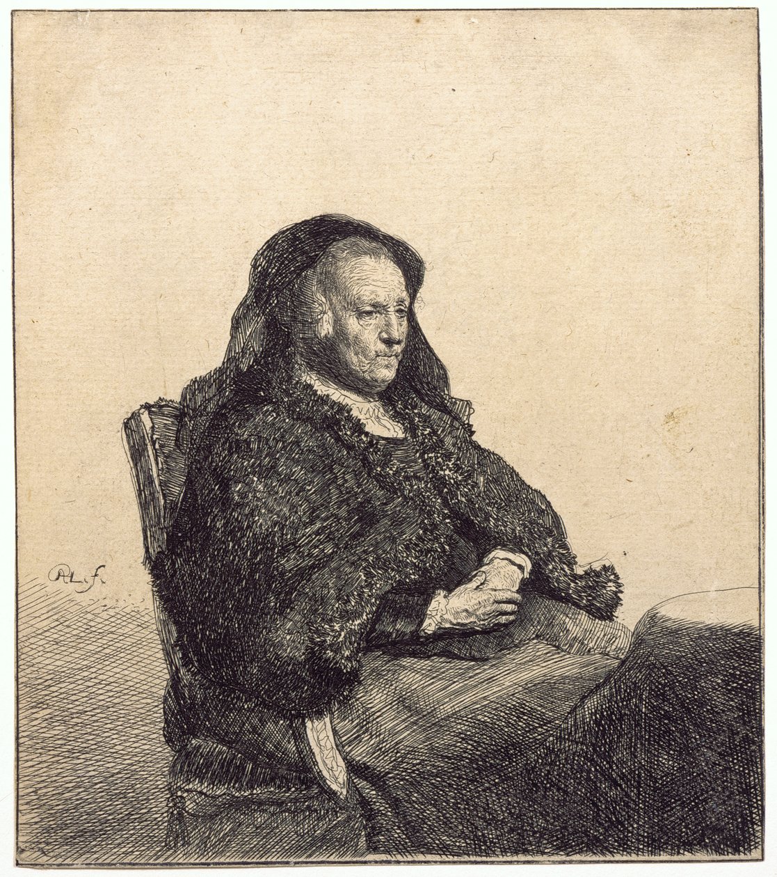 En äldre kvinna (Rembrandts mor, sittande vid ett bord) av Rembrandt van Rijn